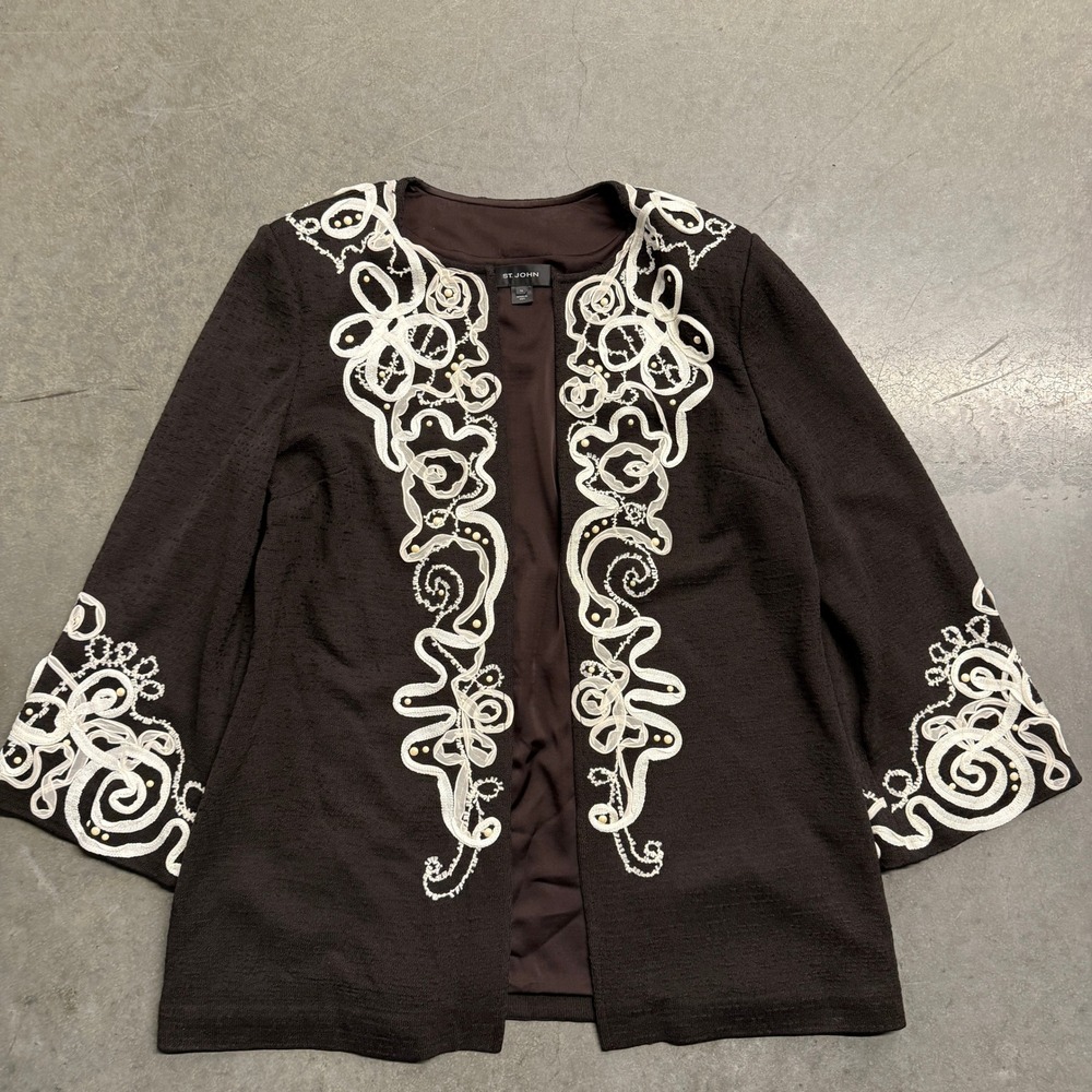 St. John Collection Brown Soutache Embroidered Open Front Jacket Size 16 USA
